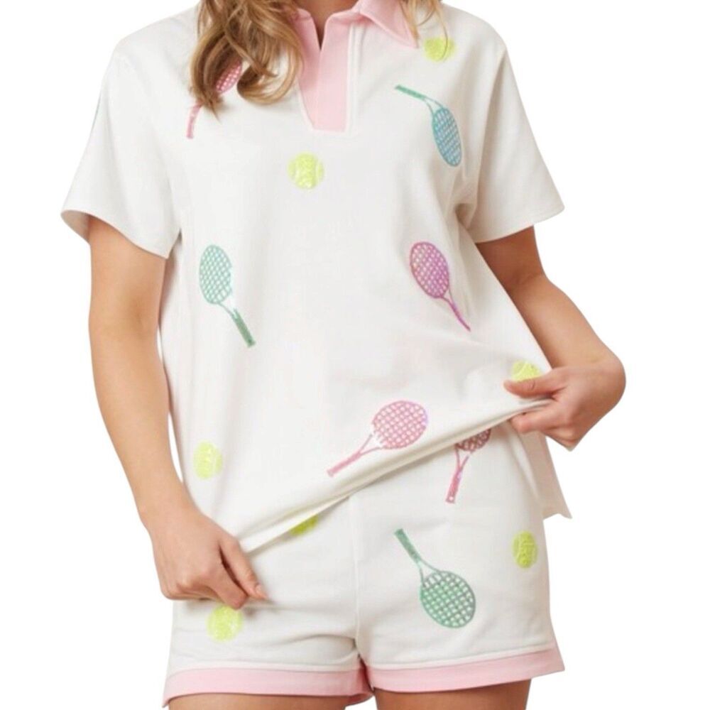 New Fantastic Fawn Pink & Green Sequin Tennis Print Polo Top Women Size Large